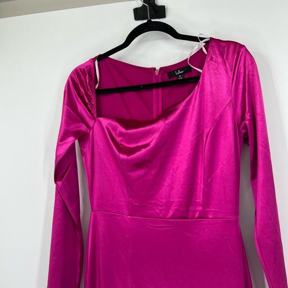 Lulus Off to the Ball Magenta Satin Long Sleeve Maxi Dress NWT - Picture 3 of 13